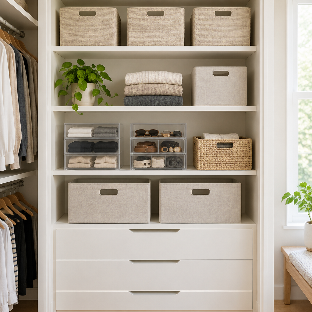 Neatly organized closet shelf with storage bins and drawer organizers