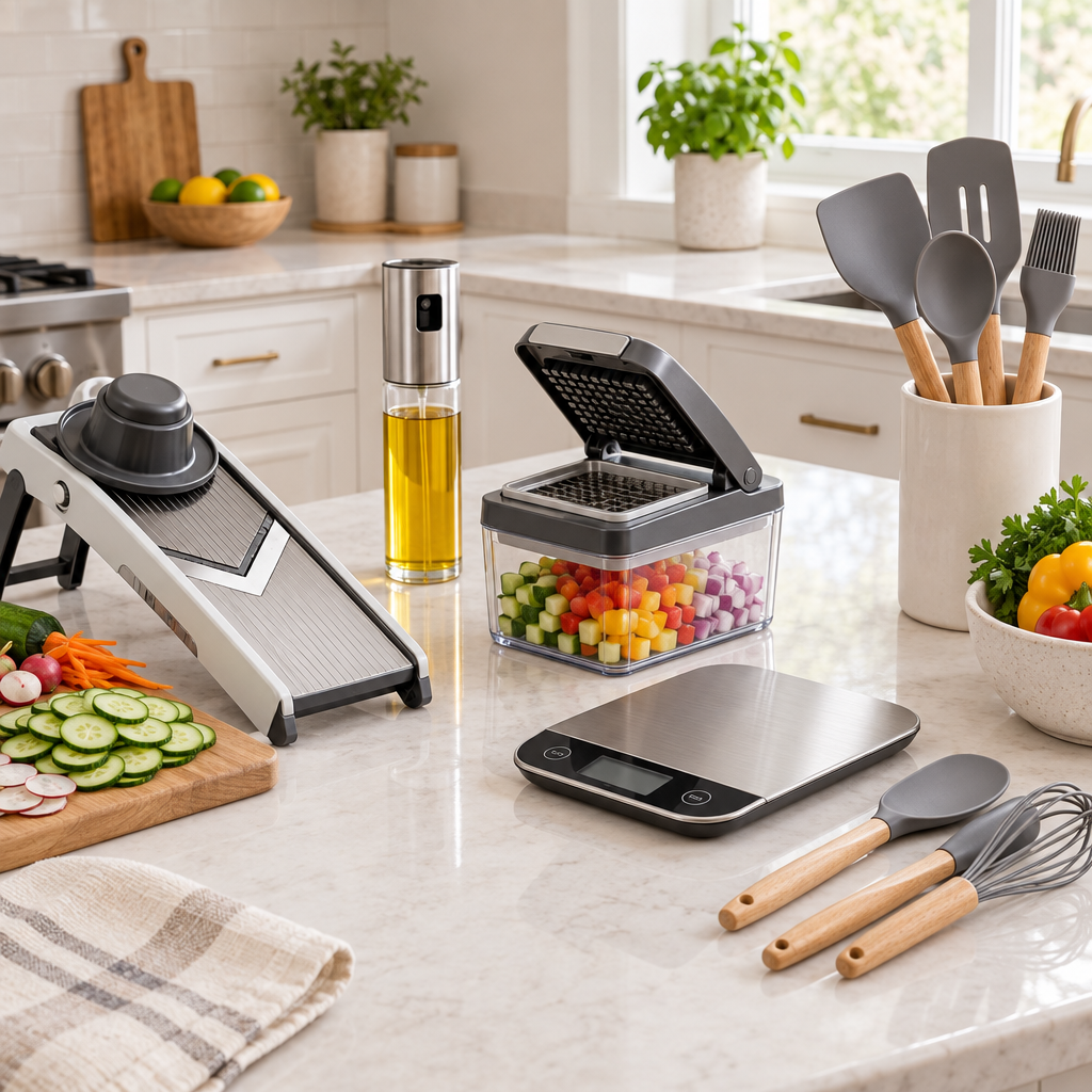 Clean kitchen counter with modern cooking gadgets and utensils