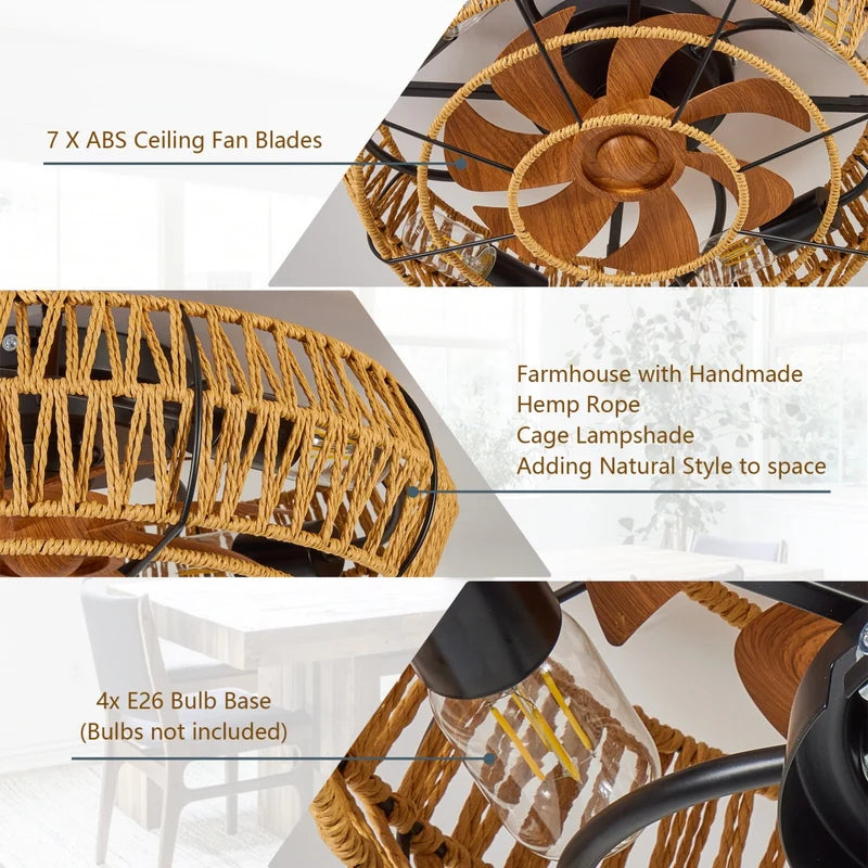 19" Boho Caged Ceiling Fan with Light & Remote – 6-Speed Low-Profile Reversible Fan
