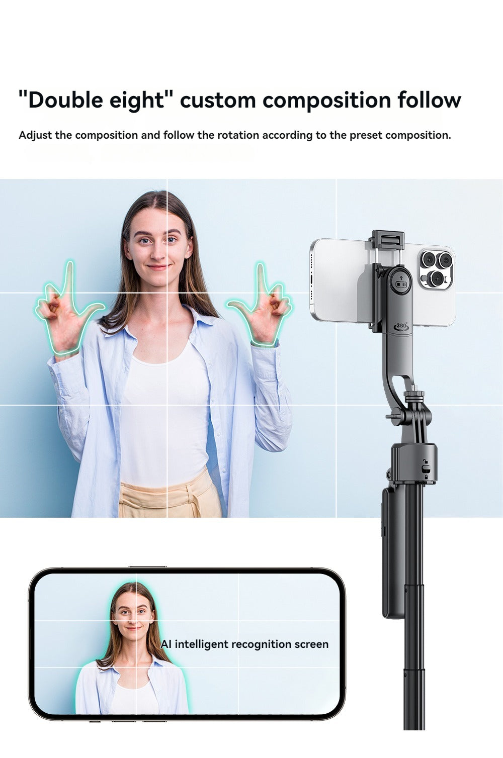 AI Face-Tracking Tripod with 360° Rotation & Fill Light – Hands-Free Phone Stand