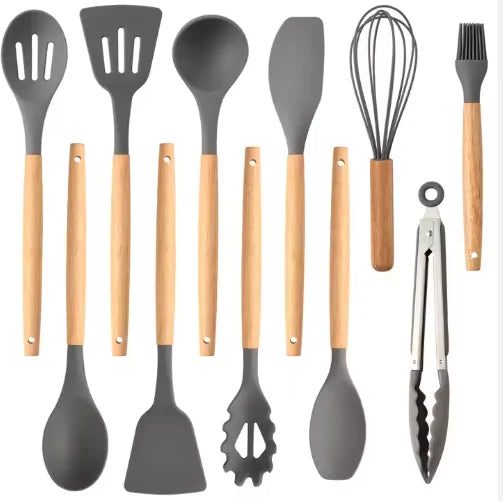 12-Piece Silicone Kitchen Utensil Set with Wooden Handles – Heat Resistant