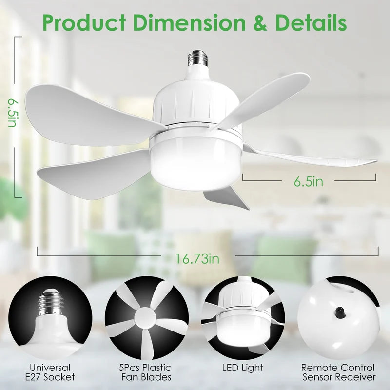E27 Socket Ceiling Fan with Dimmable LED Light – 3 Speeds, Remote Control & Timer