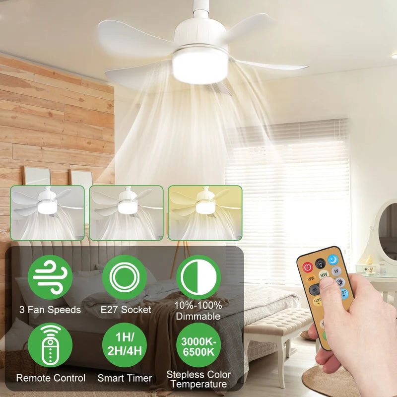 E27 Socket Ceiling Fan with Dimmable LED Light – 3 Speeds, Remote Control & Timer