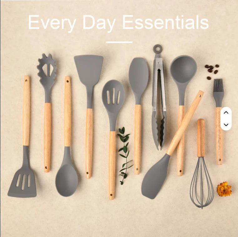 12-Piece Silicone Kitchen Utensil Set with Wooden Handles – Heat Resistant