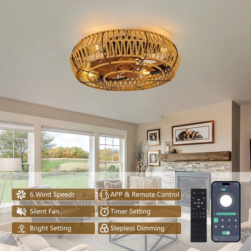19" Boho Caged Ceiling Fan with Light & Remote – 6-Speed Low-Profile Reversible Fan