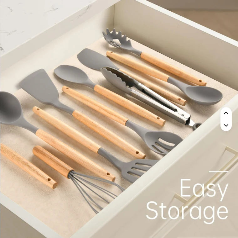 12-Piece Silicone Kitchen Utensil Set with Wooden Handles – Heat Resistant