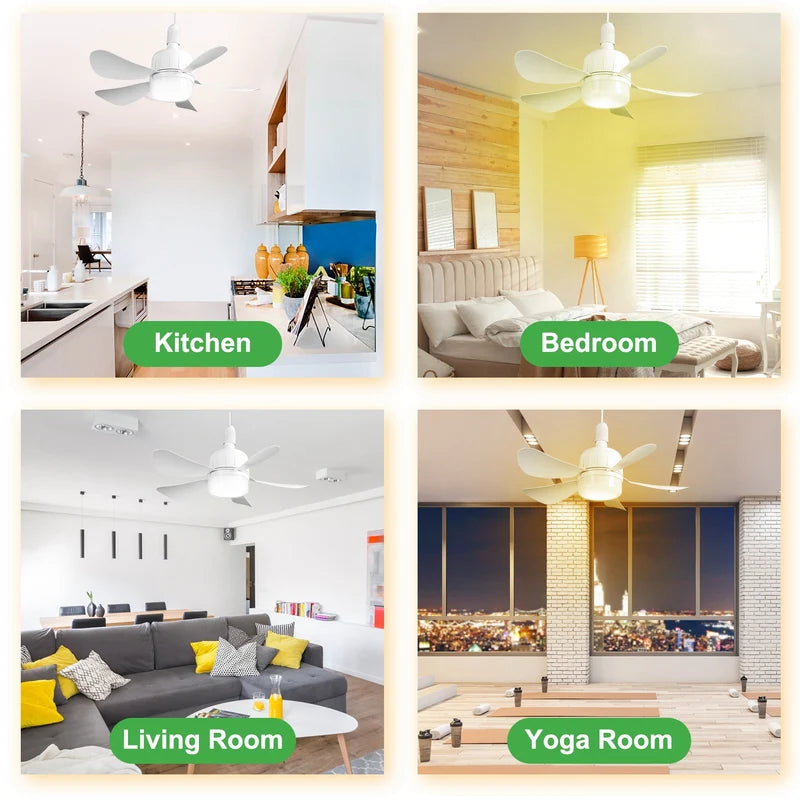 E27 Socket Ceiling Fan with Dimmable LED Light – 3 Speeds, Remote Control & Timer
