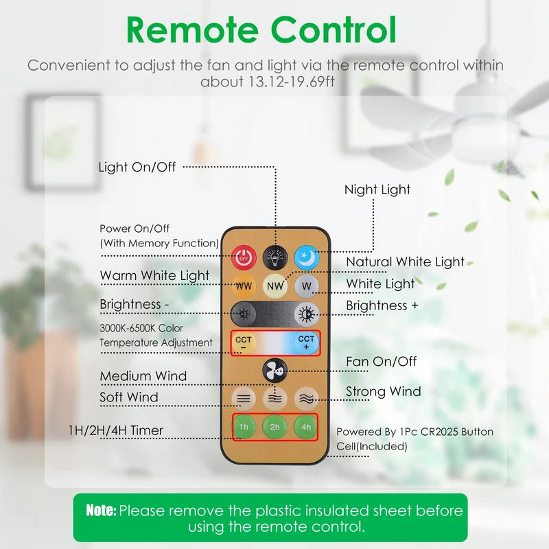 E27 Socket Ceiling Fan with Dimmable LED Light – 3 Speeds, Remote Control & Timer