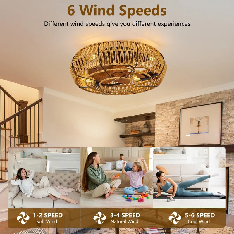19" Boho Caged Ceiling Fan with Light & Remote – 6-Speed Low-Profile Reversible Fan