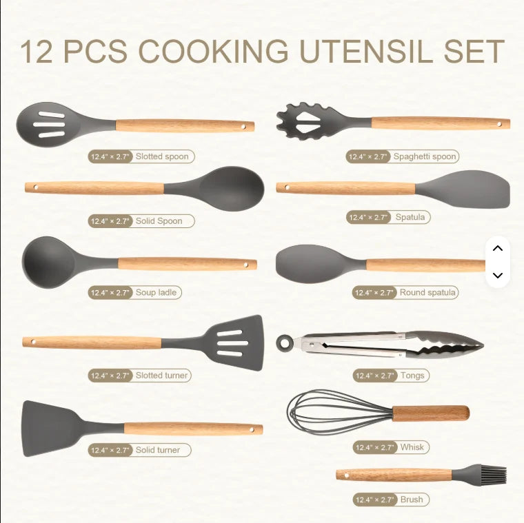 12-Piece Silicone Kitchen Utensil Set with Wooden Handles – Heat Resistant