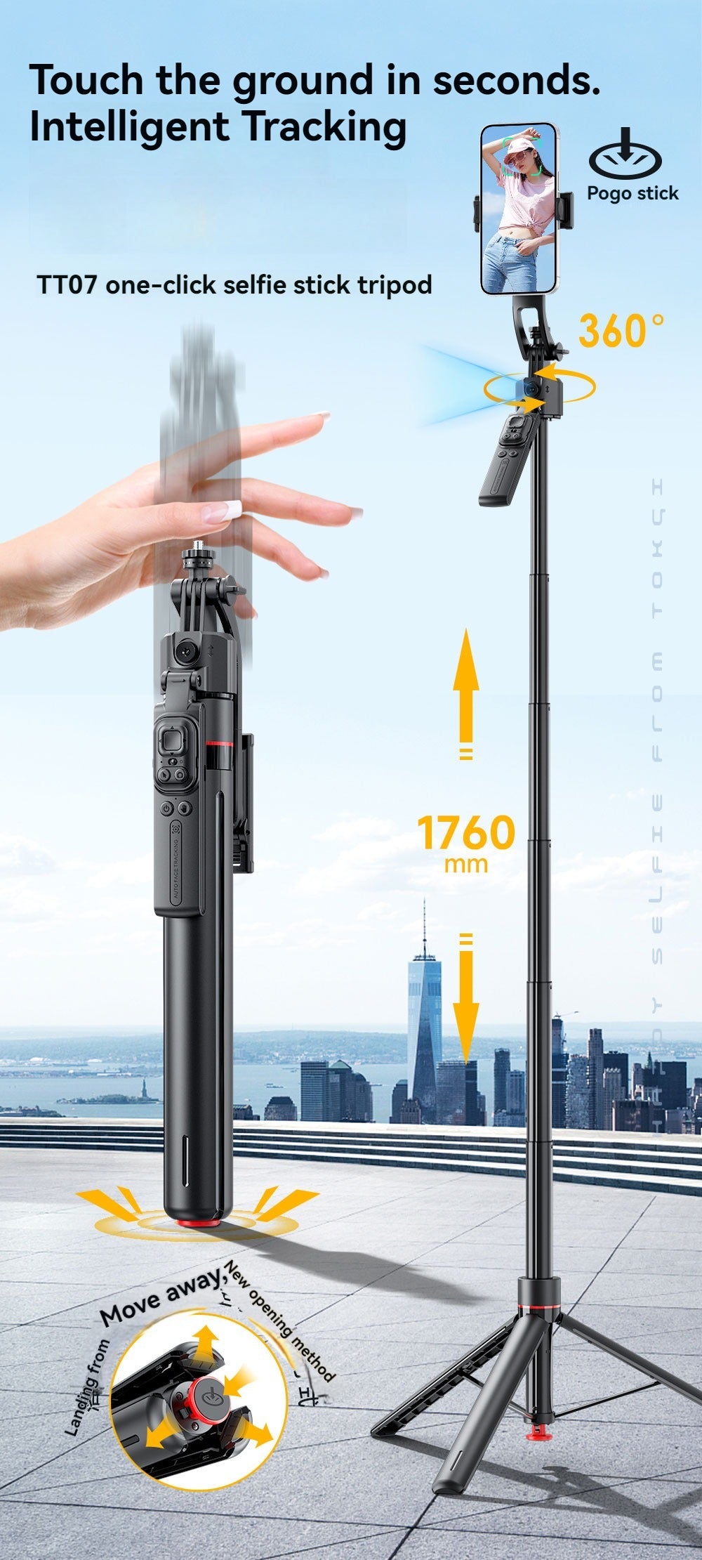 AI Face-Tracking Tripod with 360° Rotation & Fill Light – Hands-Free Phone Stand